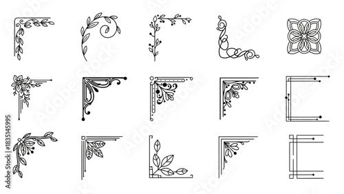 A versatile collection of fifteen vintage corner border elements, featuring elegant floral, swirl, and calligraphic line art designs for page decoration