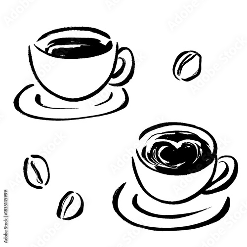 コーヒーを描いた筆タッチの手描きイラスト