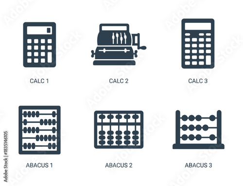 Calculator and abacus icons. Different models of calculators (calc 1, 2, 3) and abacuses (abacus 1, 2, 3).