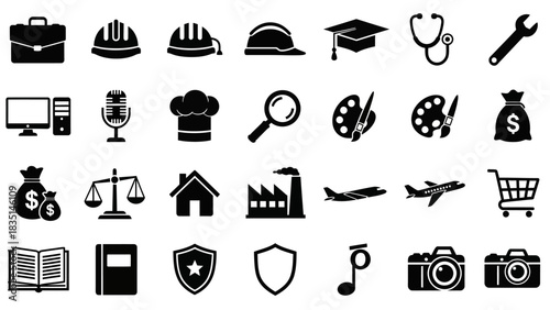 A versatile set of solid black glyph icons representing diverse professions, business sectors, and lifestyle concepts, provided as a digital data collection