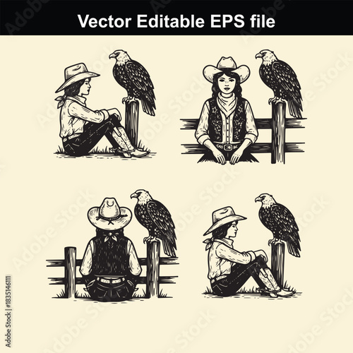 vector editable eps file featuring four vintage style illustrations of a cowboy and cowgirl sitting next to an eagle on a wooden fence, presented in black and white