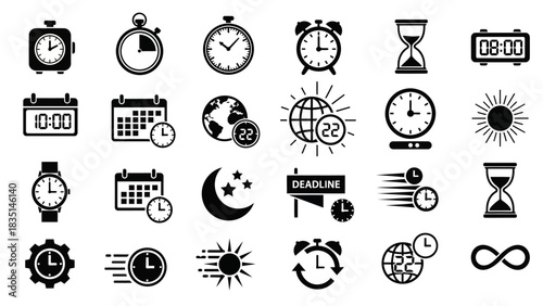 A versatile collection of monochrome glyph icons for time management, featuring clocks, calendars, stopwatches, and deadline symbols. Simple flat vector design elements for business and web