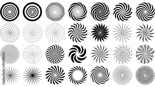 Abstract circular graphic elements, a collection of stylized spiral and vortex patterns for design