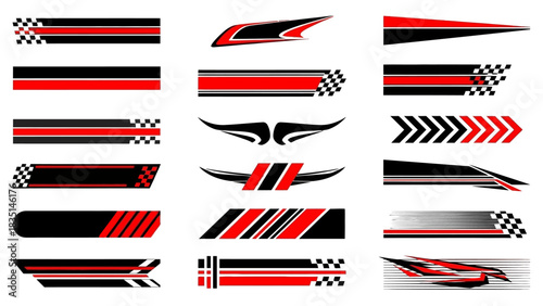 Collection of sleek red and black vector graphic elements for vehicle decoration, car wrap designs, and custom automotive styling applications