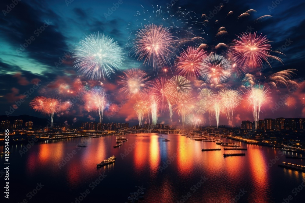 Fototapeta premium Fireworks night transportation architecture.