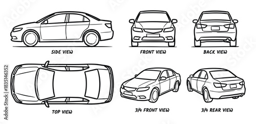 Car in different perspectives. Detailed outlines of a sedan automobile. Viewpoint set for design.