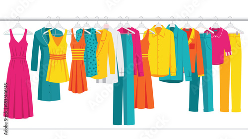 Stylish dresses and colorful outfits hanging on a rack for a vibrant wardrobe selection and a fashion-forward lifestyle appeal