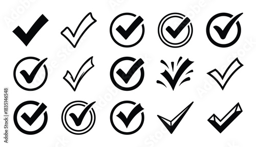 Check mark icon set. Tick symbol vector illustration. Approval signs. Done elements collection.