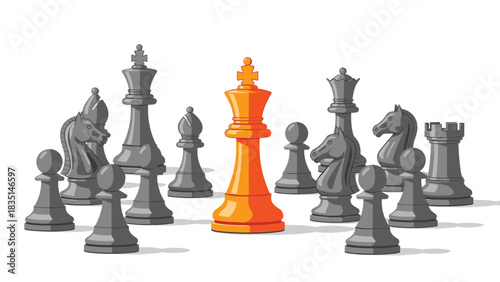 Bold orange chess king surrounded by strategic pieces evokes leadership and competition in a game of strategy and tactical thinking