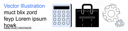Business tools, financial planning, productivity, teamwork, corporate strategy, innovation. ion of a calculator, black briefcase and gears. Business tools and financial planning concepts
