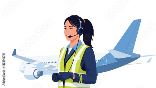 Friendly aviation ground crew member with headset guiding airplane for safe travel operations at airport, promising seamless travel experiences