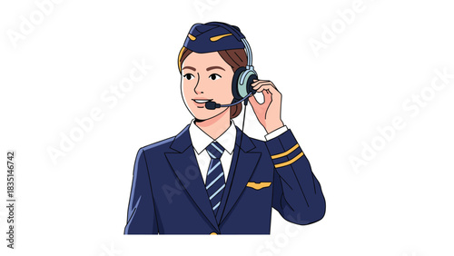Friendly flight attendant with headset offering exceptional customer service in aviation industry for a safe travel experience and comfortable journey