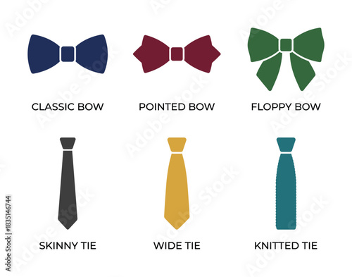Classic bow, pointed bow, floppy bow, skinny tie, wide tie, knitted tie accessories