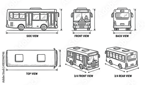 City bus blueprint showing side, front, back, top, 3/4 front, and 3/4 rear views with dimensions.