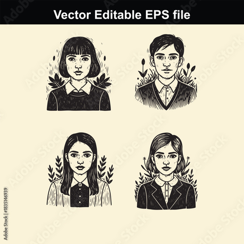 set of four black and white vector editable eps file portraits of young men and women in vintage sketch style with botanical elements surrounding them