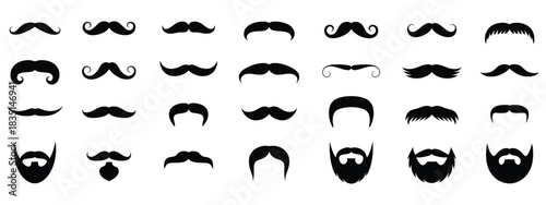 Mustache and beard collection, vector illustration featuring various styles of facial hair for men, perfect for grooming designs, barber shop graphics, costume design, photobooth props, fashion illust