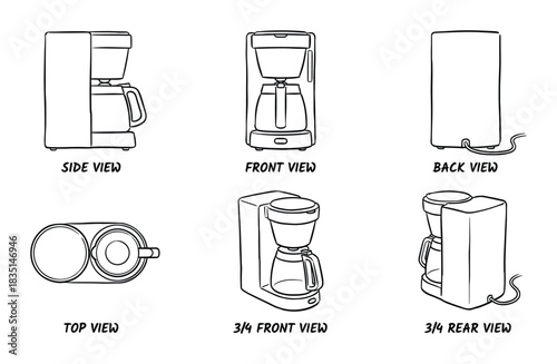 Coffee maker illustration set with side, front, back, top, 3/4 front, and 3/4 rear views.