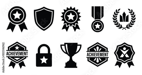 Collection of achievement, award, medal, and trophy icons. Success, champion, winner, and victory symbols.