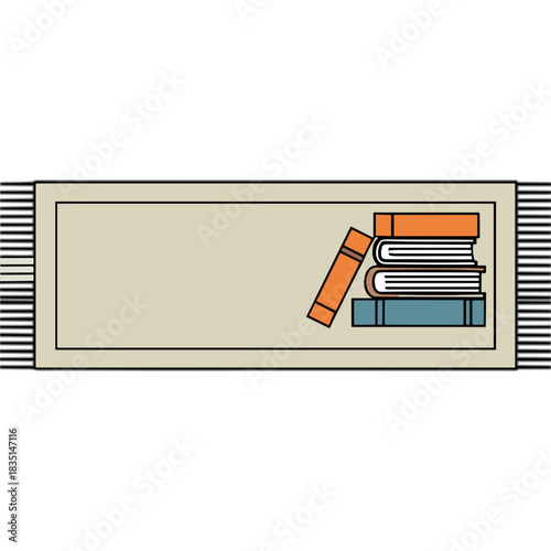 Stack Of Books Resting On A Beige Rectangular Rug With Fringed Edges Isolated On Black Background In A Studio Setting With Warm Lighting