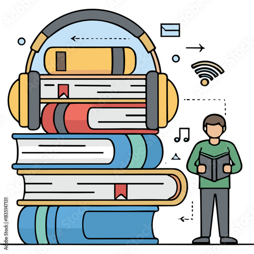 Stack of Books with Headphones and Person Reading with Wireless Signal Icons Symbolizing E Learning and Digital Education