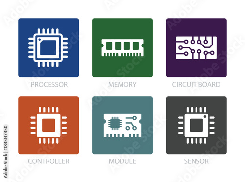 Collection of computer hardware component icons. Various parts including processor, memory, circuit board, controller, module, and sensor.