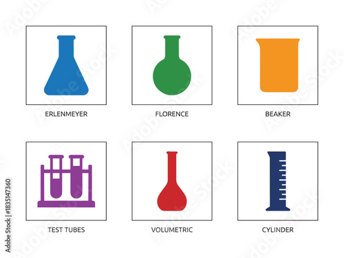 Collection of chemistry lab glassware icons. Various scientific containers including erlenmeyer, florence, beaker, test tubes, volumetric flask, and cylinder.