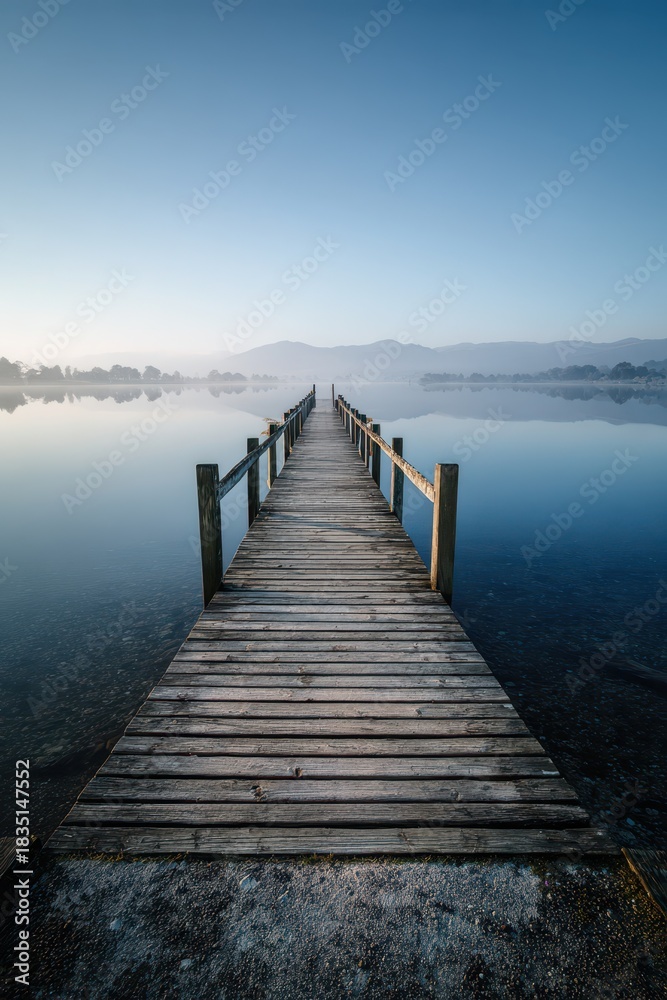 Fototapeta premium Serene lakeside scene: straight pier and mirrored sky in calm water