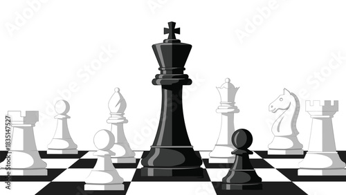 Strategic chess game showcasing leadership, strategy, and challenge in a competitive environment on a black and white chessboard