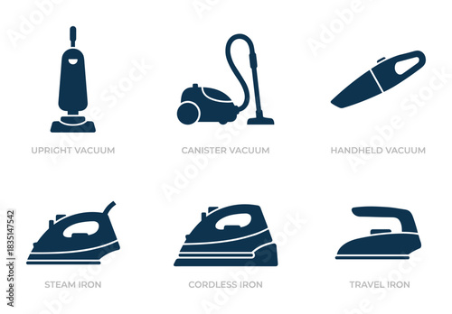 Collection of domestic cleaning equipment, including upright, canister, handheld vacuum, and steam, cordless, travel irons.