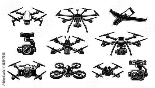 Collection of drone technology, aerial vehicle, quadcopter, uav, remote control aircraft, camera surveillance