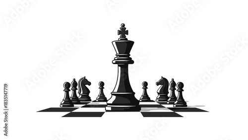 Powerful chess king surrounded by pieces on chessboard ready for a strategic game for success, achievement, and winning challenges concept