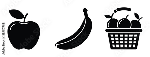 Collection of fruit icons, apple banana and berry basket. Healthy food simple illustration.