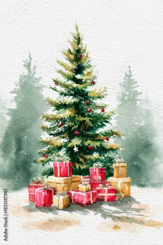 Watercolor New Year's illustration, a Christmas tree with gifts against a forest background. AI generative