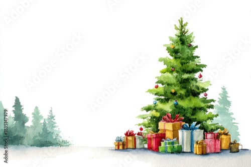 Watercolor New Year's illustration, a Christmas tree with gifts against a forest background. AI generative
