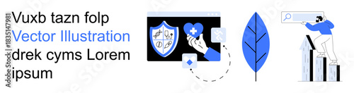 Data protection, healthcare, environmental conservation, business growth, analytics, online search. Shield with health icons, blue leaf and person analyzing a graph. Data protection and business