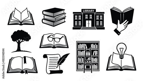 Collection of reading and library icons. Featuring open books, stacked books, library building, and tree.