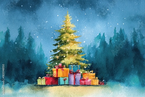Watercolor New Year's illustration, a Christmas tree with gifts against a forest background. AI generative
