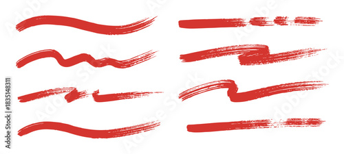 Collection of red ink brush strokes. Grunge textured lines. Artistic paint brushwork elements.