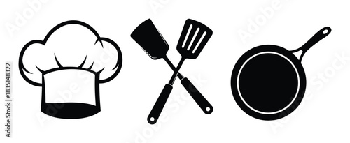 Collection of simple chef hat, spatulas, and frying pan symbols. Cooking and kitchen signs.
