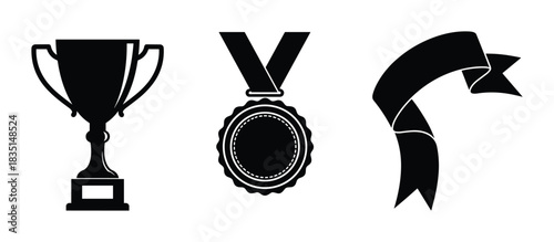Collection of simple trophy cup, medal, and ribbon symbols. Award and achievement signs.