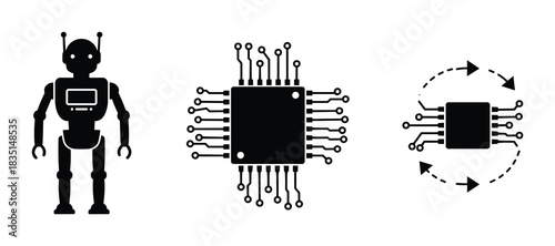 Collection of simple robot, microchip, and data processing symbols. Technology and innovation signs.