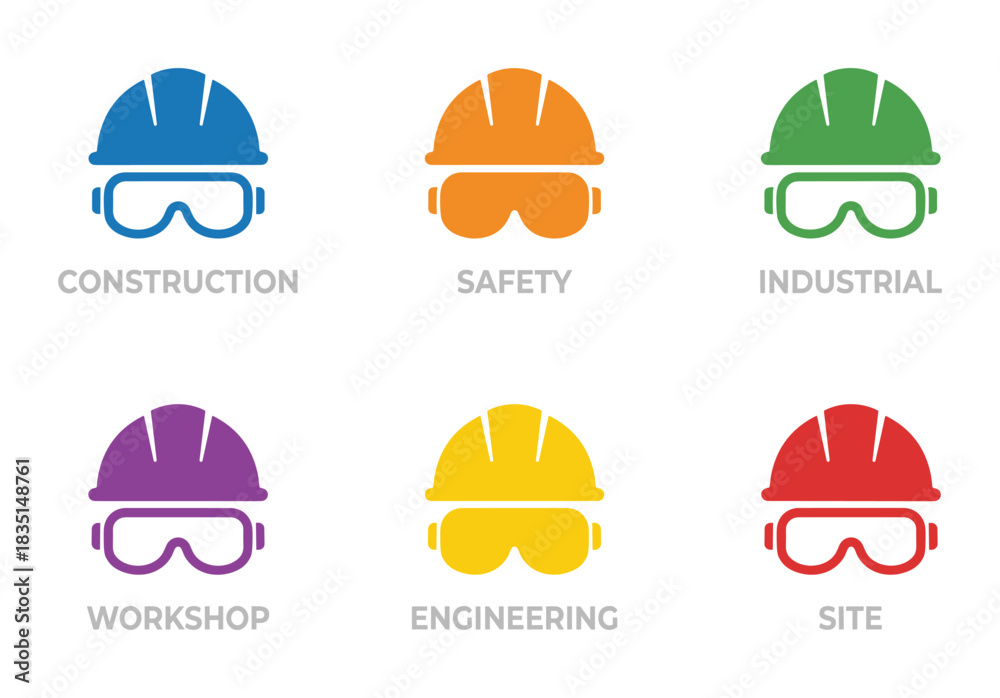 Fototapeta premium Colorful construction safety helmets and goggles icons. Blue, orange, green, purple, yellow, red hard hats. Industrial protection symbols for construction, safety, workshop, engineering, site.