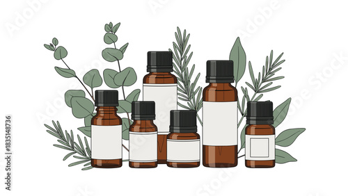 Elegant amber essential oil bottles with rosemary and eucalyptus for aromatherapy branding and natural beauty product packaging designs