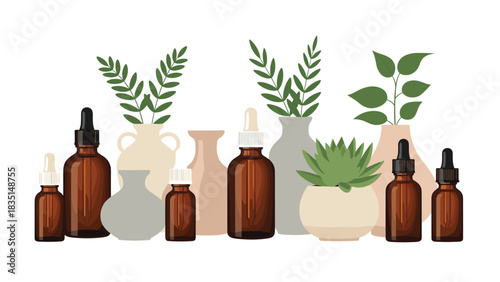 Elegant essential oil bottles and plants evoke wellness and natural beauty for skincare brands and spa promotions in a minimalist style