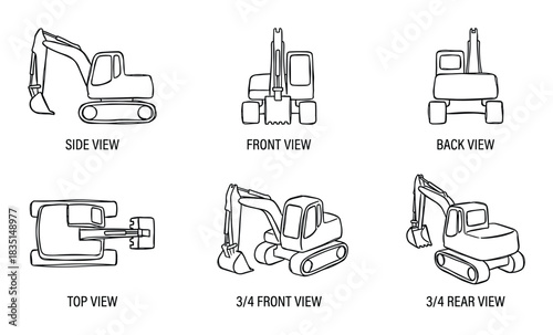 Compact excavator outline set. Small construction machine. Mini digger. Site equipment. Variety of views.