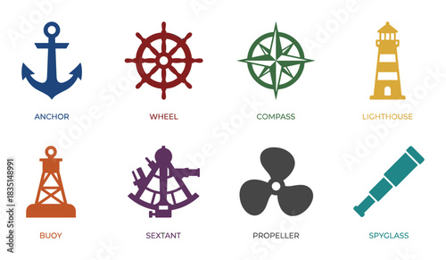 Colorful nautical icons. Anchor, wheel, compass. Lighthouse, buoy, sextant. Propeller, spyglass.