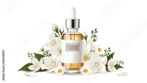 Elegant aromatherapy oil bottle surrounded by jasmine and chamomile flowers for natural beauty and wellness product promotion campaigns