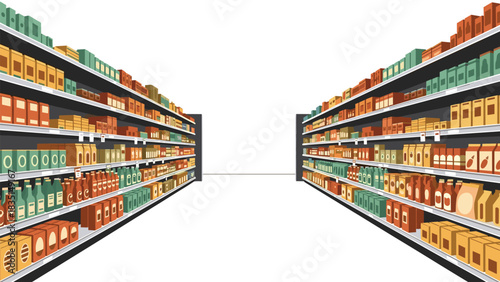 Grocery aisle shelves stocked with products create a clean, modern feel for shopping illustrations and designs, perfect for commercial use