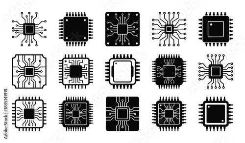 Computer chip icons. Set of electronic components. Microchip and integrated circuit symbols. Technology elements.