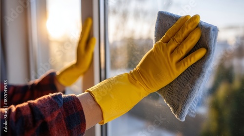 A person in yellow rubber gloves cleans a window with a gray cloth, basking in the warm sunlight of the evening.
